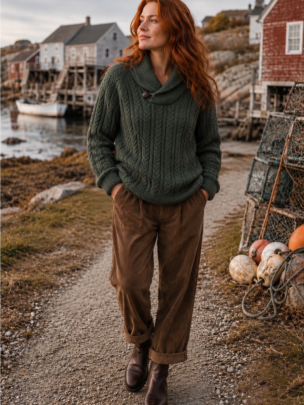 British Khaki Forest Green Tweed Cable Knit Shawl Collar Sweater